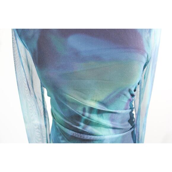 New Size Large Sheer Mesh Maxi Dress Womens Teal Green Swirl Long Sleeve Bodycon - Picture 2 of 4